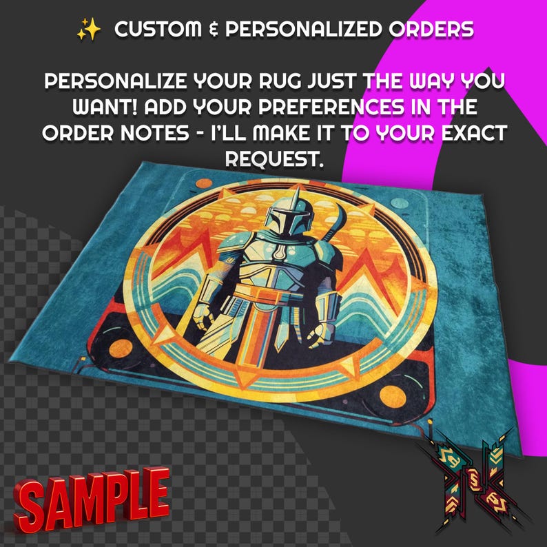 May include: A rectangular rug with a teal background and a circular design featuring a Mandalorian character in a retro style. The rug has the text "CUSTOM & PERSONALIZED ORDERS" and "SAMPLE".