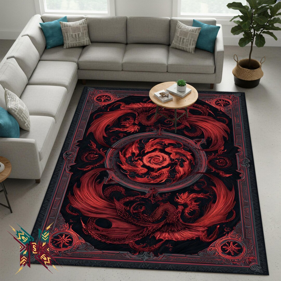 Dnd Red Rug Phoenix Fire Dragon Rug – Red Black Fantasy Carpet for Meditation ...