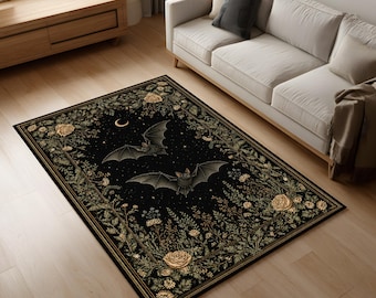 Alfombra gótica de murciélagos: alfombra floral oscura con luna creciente y murciélagos sobre fondo negro