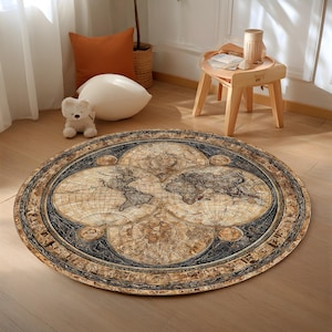 May include: A round area rug featuring a vintage world map design. The rug has a beige background with detailed illustrations of continents and oceans, framed by a dark blue border. The rug is a decorative floor covering.