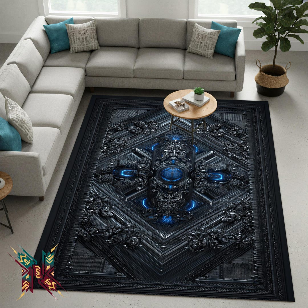 Futuristic Black Geometric Rug – Sci Fi Inspired Accent Carpet With ...
