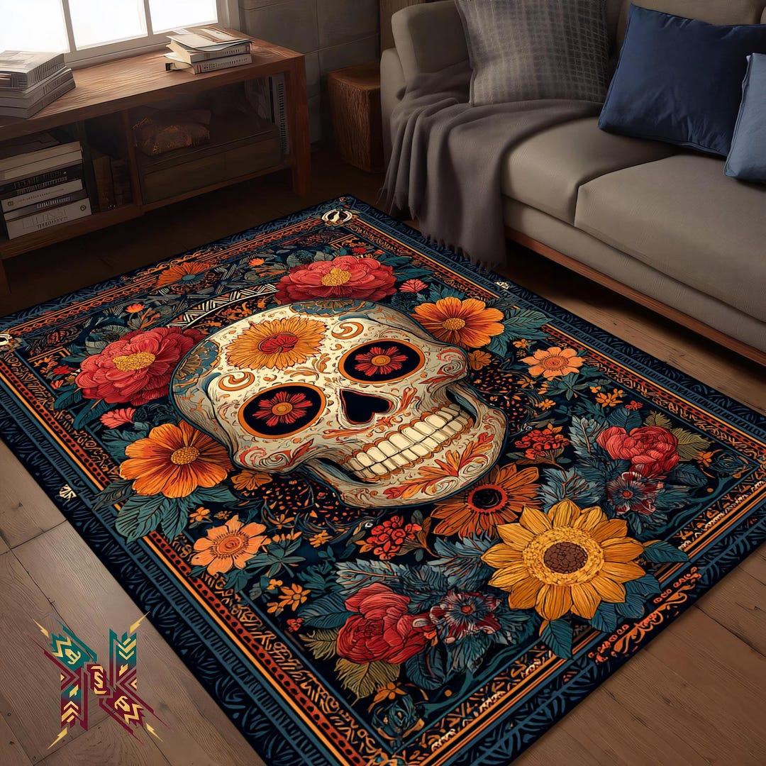 Floral Sugar Skull Rug – Day of the Dead Boho Decor - Etsy