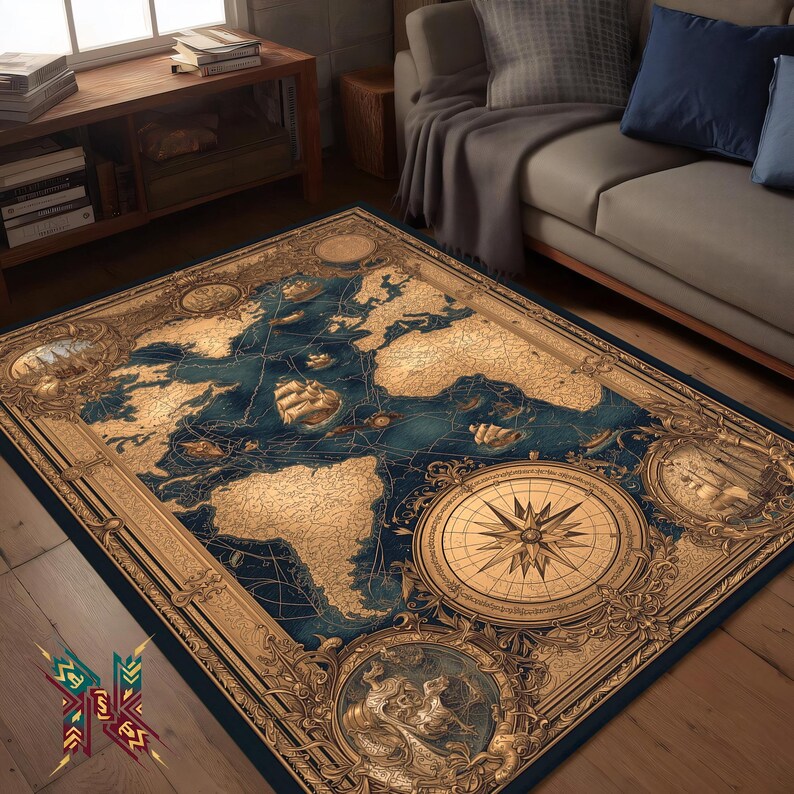 Vintage World Map Area Rug Antique Nautical Living Room Decor - Etsy