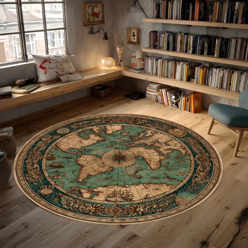 May include: A round area rug with a vintage map design. The rug features a detailed world map in shades of brown, teal, and gold. Decorative borders and illustrations of ships add to the antique aesthetic. The rug is placed on a wooden floor.