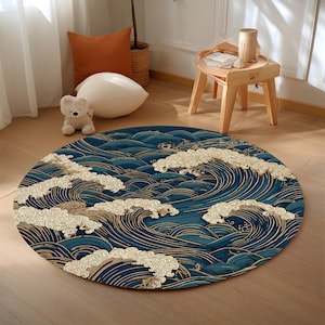 Round Japanese Wave Rug Blue Gold Ocean Mandala Zen Floor Decor