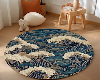 Round Japanese Wave Rug Blue Gold Ocean Mandala Zen Floor Decor