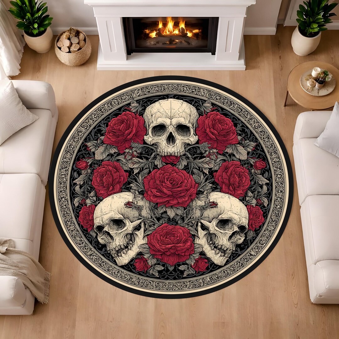 Round Gothic Rug Round Skull Rose Rug Gothic Floral Design Black Red Dark Floor Decor - Etsy