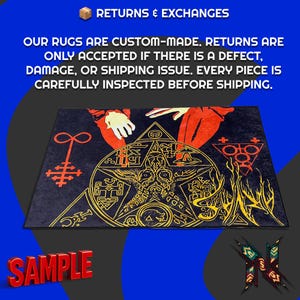May include: Black rectangular rug with a gold pentagram design, red and white hands, and various symbols. The rug has the word "SAMPLE" in red. Text at the top reads "RETURNS & EXCHANGES".