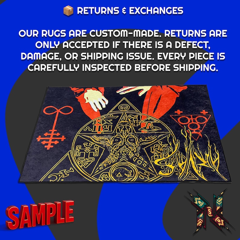 May include: Black rectangular rug with a gold pentagram design, red and white hands, and various symbols. The rug has the word "SAMPLE" in red. Text at the top reads "RETURNS & EXCHANGES".