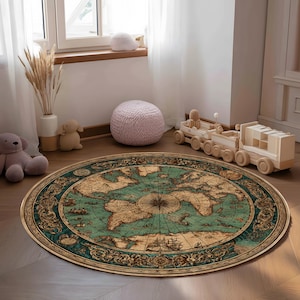 May include: A round rug with a vintage world map design. The rug features a teal and tan color scheme with intricate border details. The map depicts continents and oceans, creating a decorative floor covering for a room.