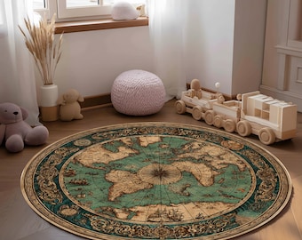 Round Vintage World Map Rug Nautical Compass Design