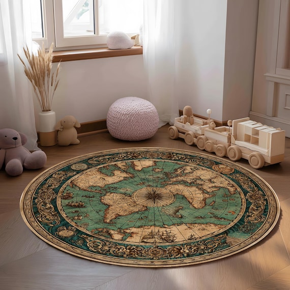 Round Vintage World Map Rug Nautical Compass Design