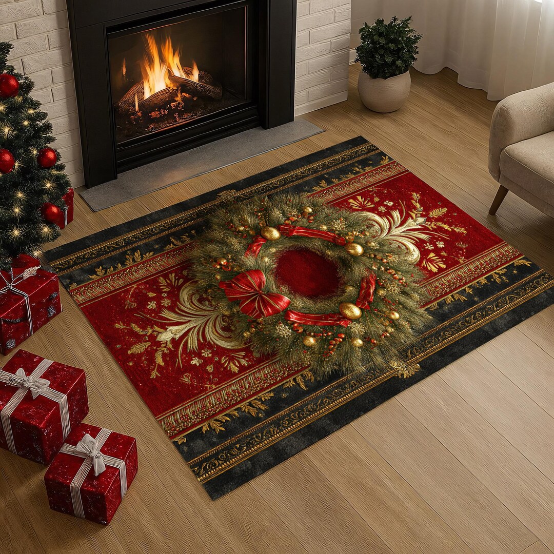 Regal Christmas Wreath Rug – Red and Black Holiday Carpet With Gold ...
