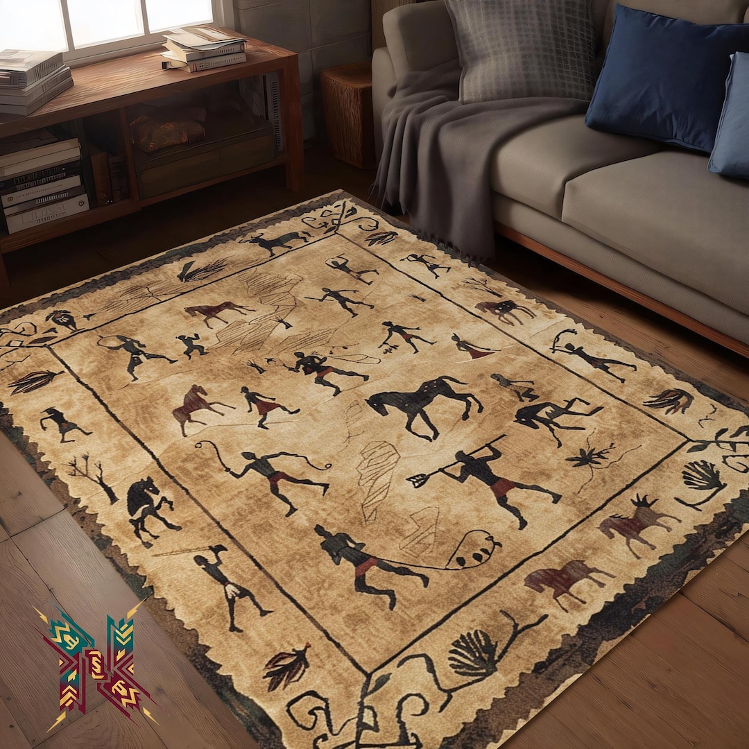 Persion Rug Figures Tribal Cave Art Area Rug Ancient Figure Pattern Living Room Floor ...
