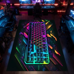 RGB Keyboard Gaming Room Rug Neon Cyberpunk Desk Area Floor Mat