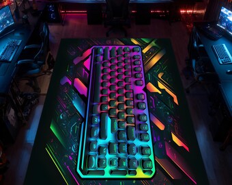 May include: A colorful mechanical keyboard with a rainbow gradient design, resting on a matching mousepad. The keyboard features black keycaps and a vibrant, illuminated frame. The setup is in a gaming room with multiple computer monitors.