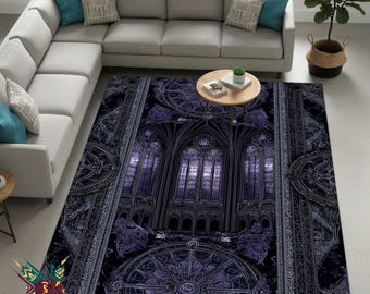 Midnight Catedral Teppich - Gothic Lila Glasmalerei-Fensterteppich für Wohnzimmer oder dunkle Dekorräume