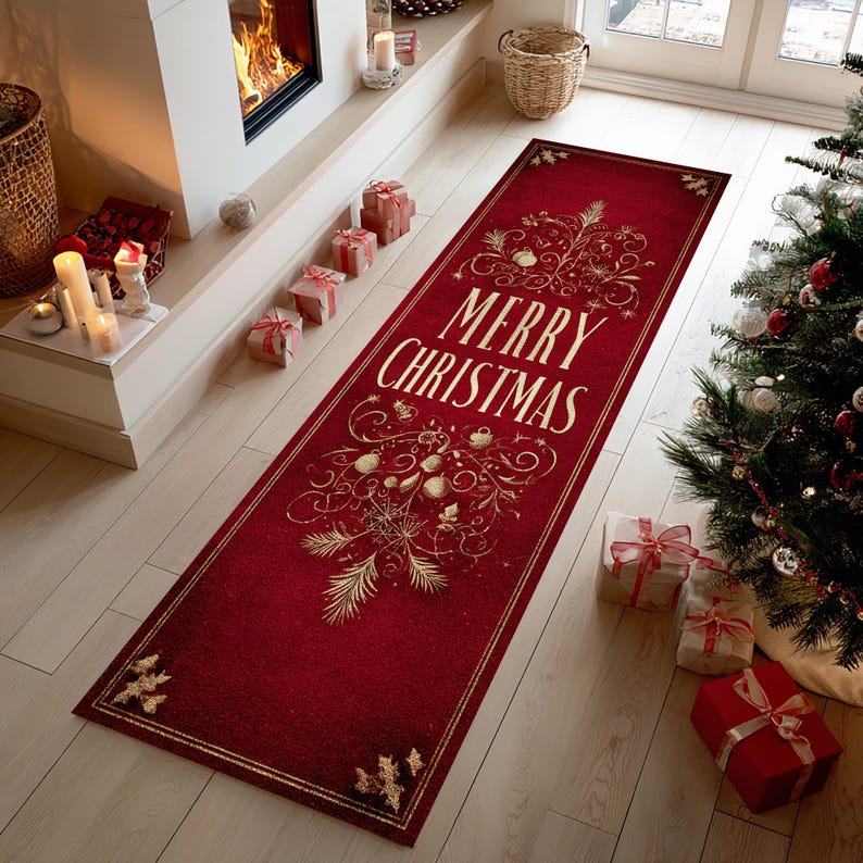 Op de afbeelding: Een rechthoekige rode kerstlopermat met gouden accenten en de woorden "MERRY CHRISTMAS" in grote letters. De loper heeft een gouden bloemenontwerp en een gouden rand. Cadeaus en een kerstboom zijn op de achtergrond te zien.