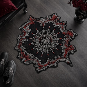 Gothic Spider Web Rug,Black Red Irregular Shape Rug,Washable Rug