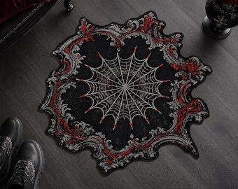 Gothic Spider Web Rug,Black Red Irregular Shape Rug,Washable Rug