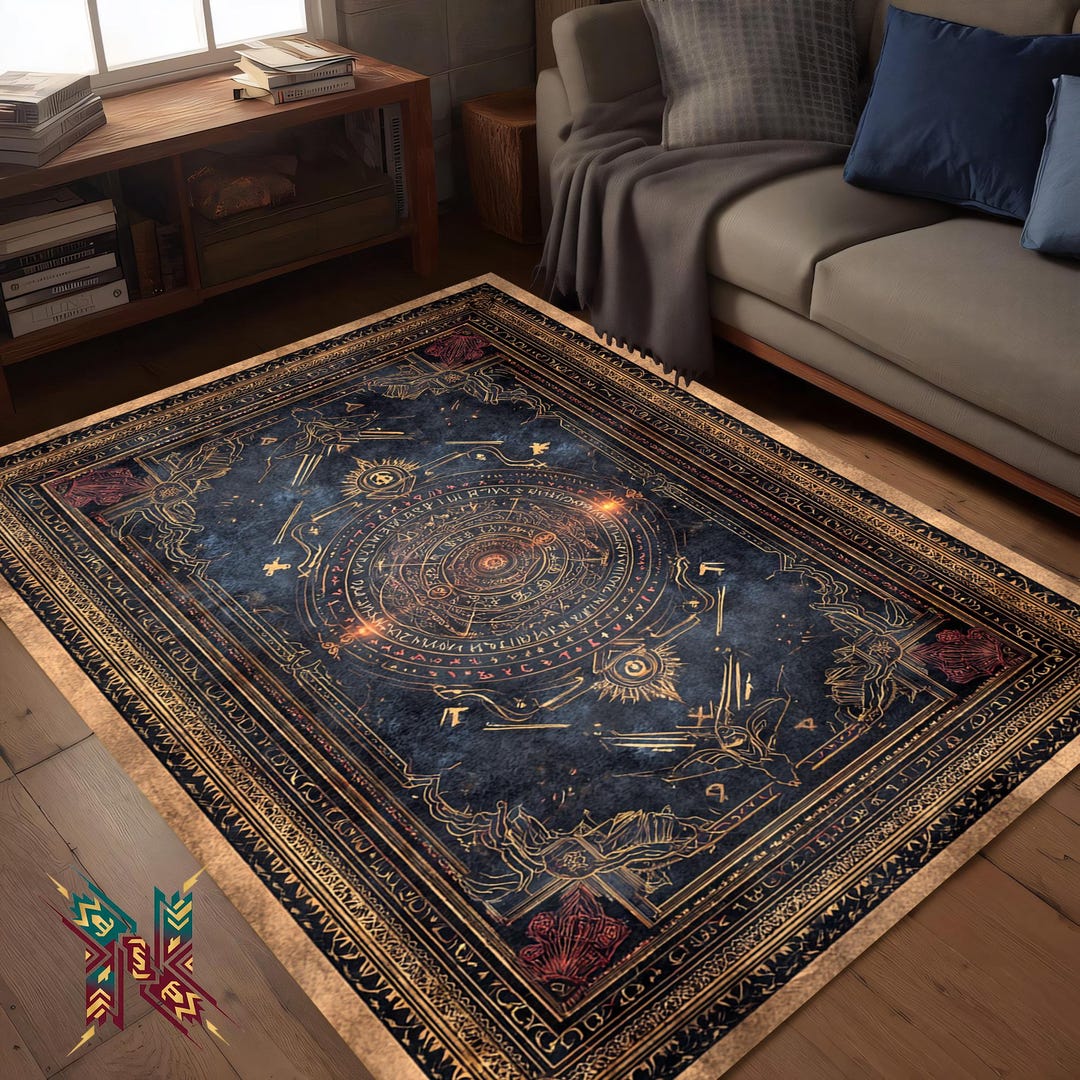 Blue Rune Rug Mystic Rune Rug – Dark Galaxy Witchy Carpet With Gold Sigils for ...