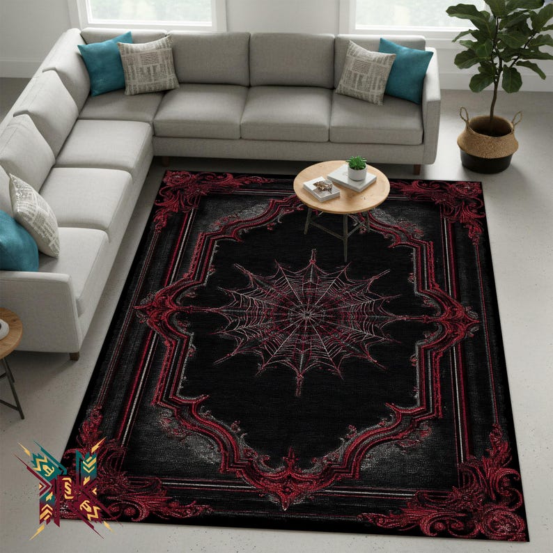 Red Gothic Spiderweb Rug – Dark Victorian Carpet for Haunted, Witchy ...