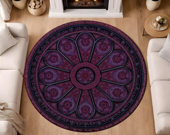 Ornamental Rosette Round Rug Dark Purple Black Circular Carpet