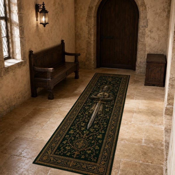 Tappeto da passaggio medievale con cavaliere, tappeto gotico da corridoio con castello, tappeto vintage con armatura.