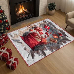 May include: A rectangular area rug with a Christmas theme. The rug features a red sack spilling out wrapped gifts in red and gold. The rug has a white and gray background with a red border. A Christmas tree and fireplace are in the background.