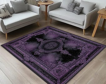 Gothic Purple Black Medallion Rug – Velvet Feel Dark Academia Area