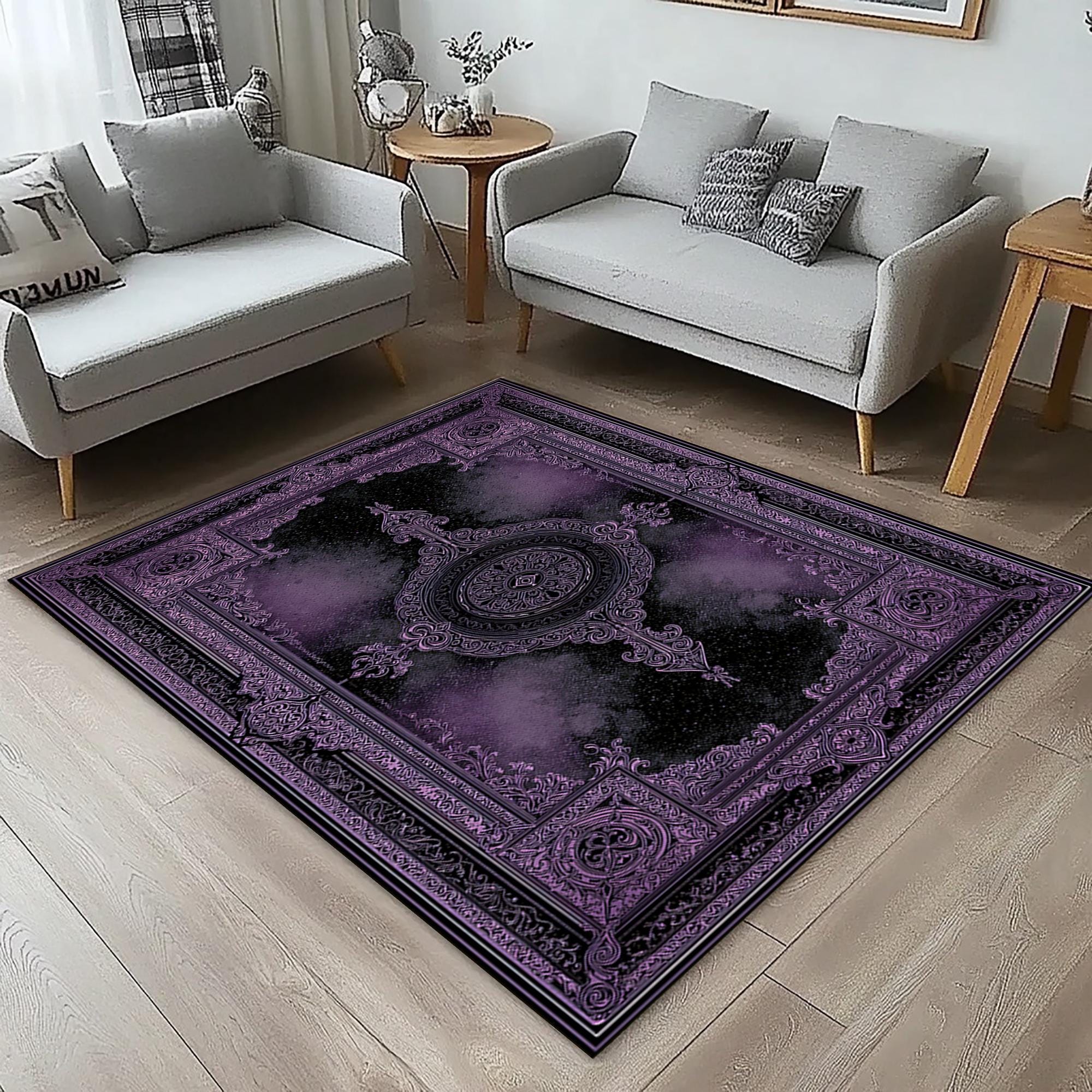Gothic Purple Black Medallion Rug – Velvet Feel Dark Academia Area