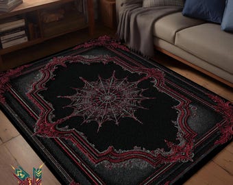 Red Gothic Spiderweb Rug – Dark Victorian Carpet for Haunted, Witchy, or Vampire Decor