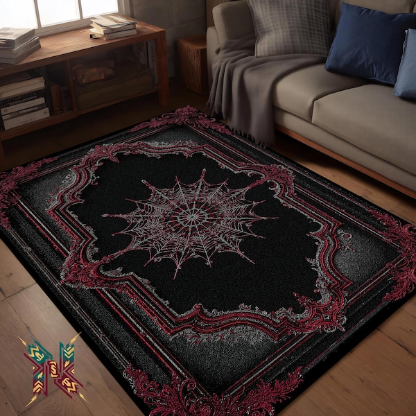 Red Gothic Spiderweb Rug – Dark Victorian Carpet for Haunted, Witchy, or Vampire Decor