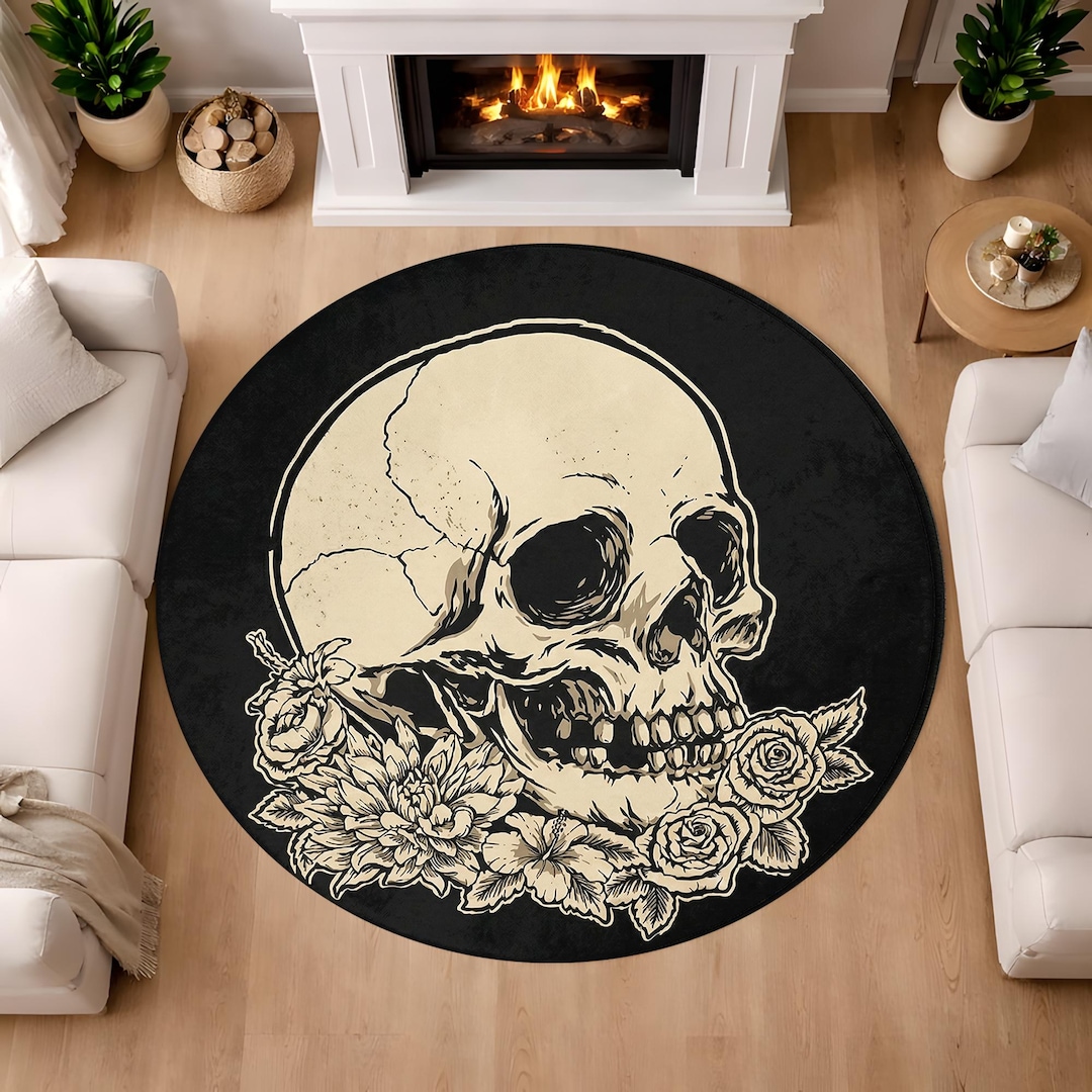 Gothic Skull Round Rug Black Floral Skeleton Dark Aesthetic Carpet - Etsy
