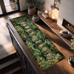 May include: A rectangular rug featuring a detailed design of a stepping stone path through a pond with koi fish, lily pads, and moss. The rug is predominantly green, brown, and gray, creating a natural, serene aesthetic.