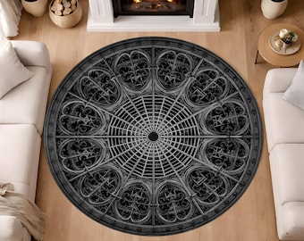 Architectural Gothic Round Rug Black Ornamental Circular Floor Carpet