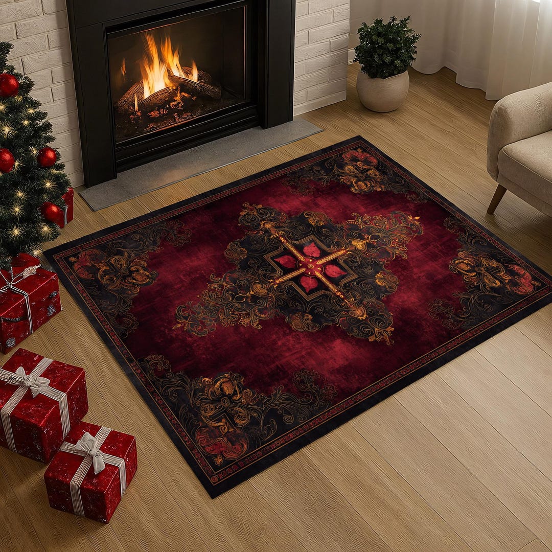 Gothic Rug For Library Baroque Crimson Gothic Rug – Ornate Vintage Floor Decor for Romantic or ...