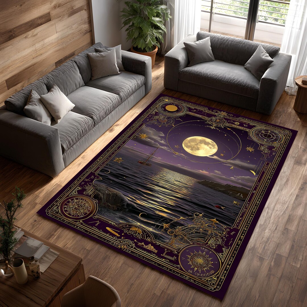 Celestial Moon Ocean Rug, Astrology Sea Night Rug, Mystical Coastal ...