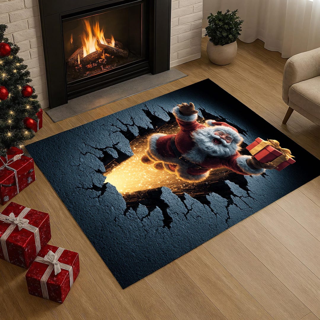 3D Launch Santa Rug – Black Christmas Illusion Mat With Cracked Floor ...
