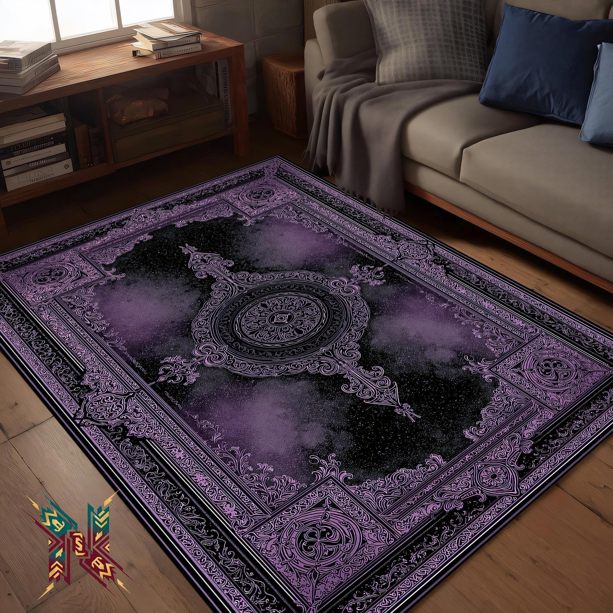 ラグ・カーペット ONEMURUG Carving logo rug purple Gothic Purple Black Medallion Rug – Velvet Feel Dark Academia Area
