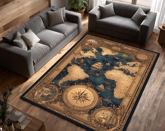 Vintage World Map Area Rug Antique Nautical Living Room Decor