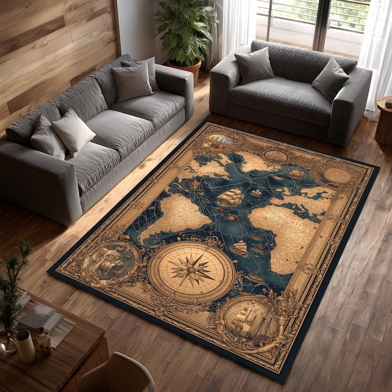 Vintage World Map Area Rug Antique Nautical Living Room Decor - Etsy