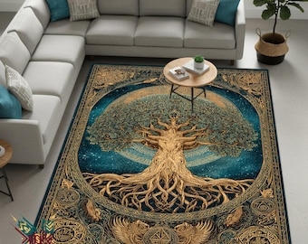 Yggdrasil Tree of Life Rug – Norse Mythology Decor with Runes, Ravens & Starry Sky