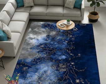 Dywan Celestial Blue Galaxy – nowoczesny, abstrakcyjny wzór konstelacji do salonu