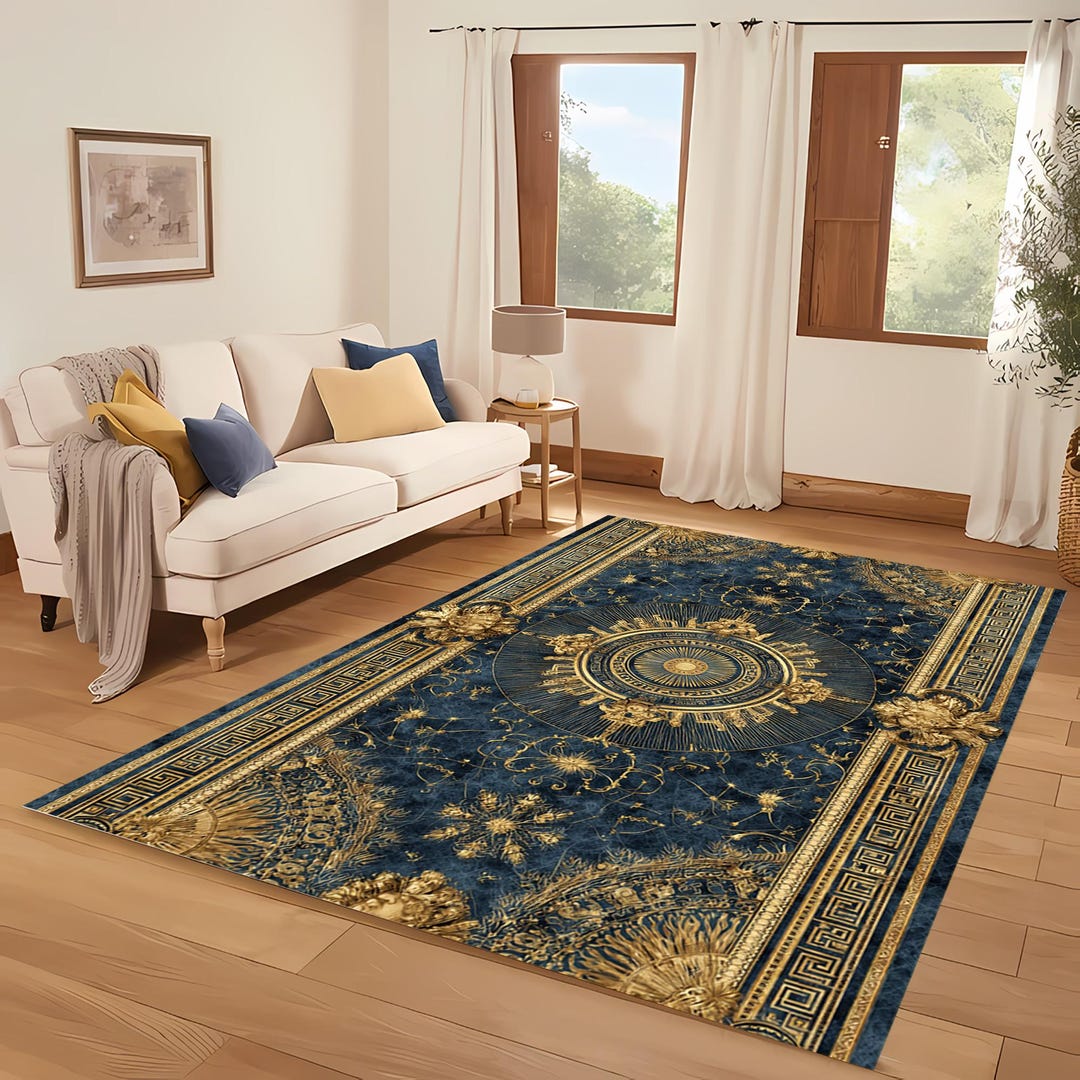 Royal Blue and Gold Baroque Rug – Luxurious Geometric Medallion Area ...