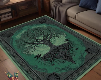 Yggdrasil Raven Rug – Green Tree of Life Carpet with Celtic Knots for Norse Pagan Decor