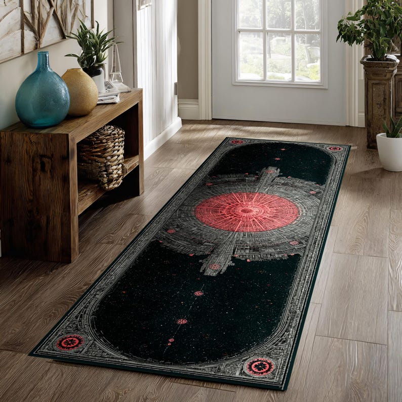 Pu&ograve; includere: Un lungo tappeto rettangolare nero con un design dettagliato a tema spaziale. Il tappeto presenta un grande elemento circolare rosso al centro, circondato da intricati motivi grigi e bianchi. I bordi sono bordati con un design grigio decorativo.