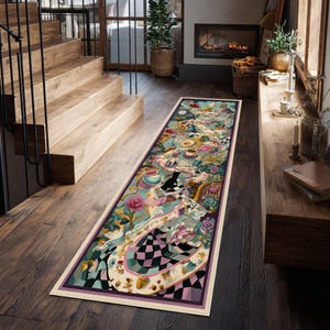 May include: A long, rectangular rug with a whimsical design featuring elements from a fantasy story. The rug has a light blue background with images of teacups, roses, and a black and white checkered pattern. The border is purple and cream.