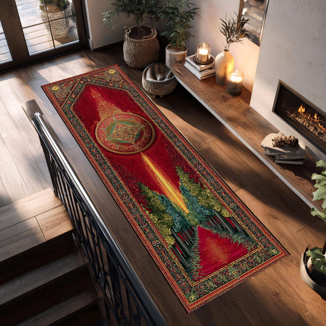 Forest Pathway Rug Pathway to Heaven Runner Rug – Red Forest Tree Hall Carpet With Mandala ...