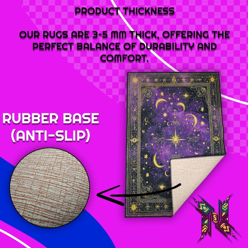 May include: A rectangular rug with a celestial design featuring moons and stars in shades of purple and gold. The rug has a rubber anti-slip base and is 3-5 mm thick. The text on the image says "Product Thickness" and "Our rugs are 3-5 mm thick, offering the perfect balance of durability and comfort."